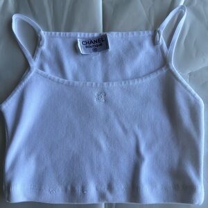 CHANEL White Ribbed Cropped Camisole Tank